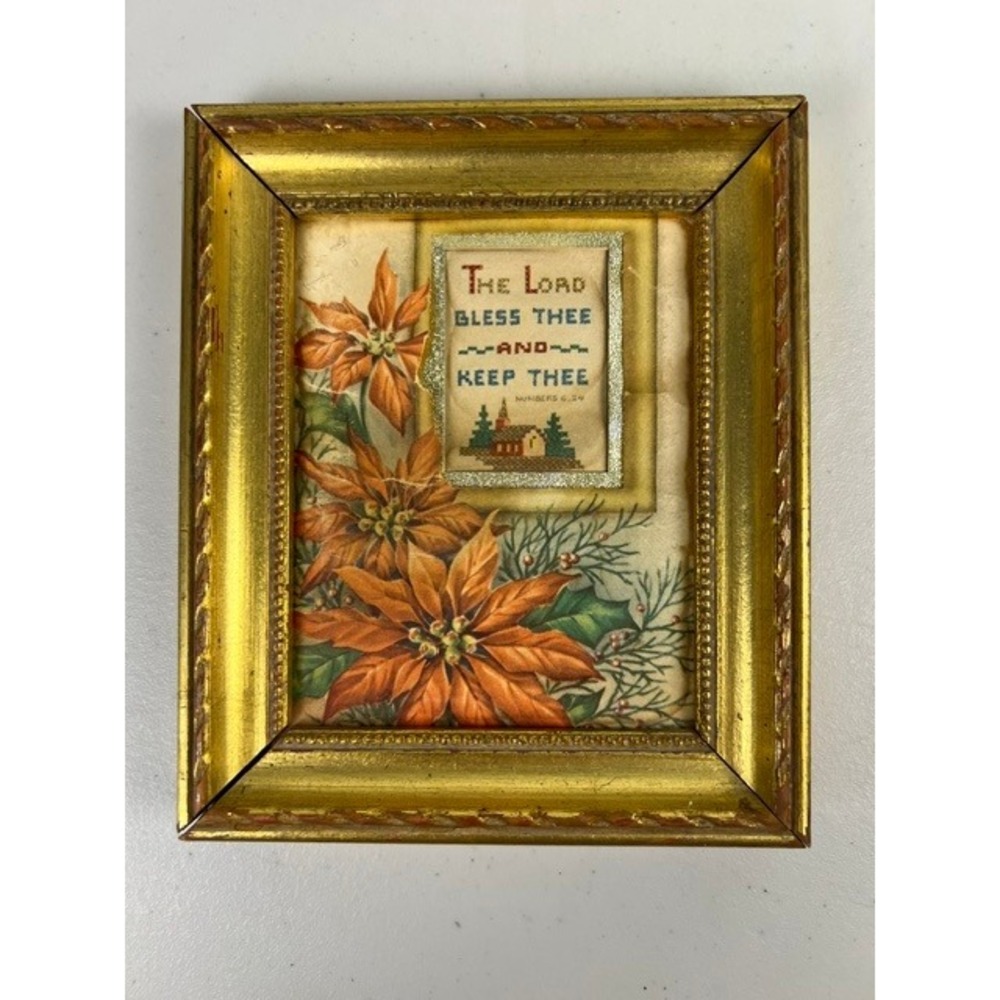 Vintage Louise Biron Poinsettia Religious Print Gold Frame Numbers 6:24 5x6